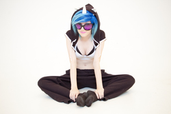 Size: 1200x801 | Tagged: safe, artist:pyrotempertantrum, dj pon-3, vinyl scratch, human, g4, clothes, cosplay, feet, hoodie, irl, irl human, photo