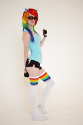 Size: 801x1200 | Tagged: safe, artist:pyrotempertantrum, rainbow dash, human, g4, clothes, cosplay, feet, irl, irl human, photo, socks, thigh highs