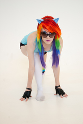 Size: 801x1200 | Tagged: safe, artist:pyrotempertantrum, rainbow dash, human, g4, clothes, cosplay, feet, fingerless gloves, gloves, irl, irl human, photo, socks, thigh highs