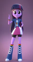 Size: 700x1300 | Tagged: safe, artist:creatorofpony, rainbow dash, twilight sparkle, equestria girls, g4, 3d, 3d model, blender, boots, clothes, clothes swap, collar, compression shorts, female, hand on hip, happy, looking at you, peace sign, rainbow dash's boots, rainbow dash's clothes, rainbow dash's jacket, rainbow dash's shirt, rainbow dash's shirt with a collar, rainbow dash's skirt, rainbow dash's socks, rainbow dash's wristband, rainbow socks, shirt, shorts, shorts under skirt, skirt, skort, smiling, smiling at you, socks, solo, standing, striped socks, teenager, wristband