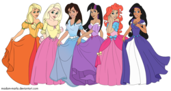 Size: 2816x1500 | Tagged: safe, artist:karmadash, artist:madam-marla, applejack, fluttershy, pinkie pie, rainbow dash, rarity, twilight sparkle, human, g4, disney princess, humanized, lineart re-colour, mane six