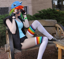 Size: 3820x3570 | Tagged: safe, artist:pyrotempertantrum, rainbow dash, human, g4, clothes, cosplay, high res, irl, irl human, photo, rainbow socks, socks, solo, striped socks, thigh highs