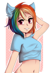 Size: 784x1145 | Tagged: safe, artist:yukomaussi, rainbow dash, human, g4, arm behind head, belly button, bottomless, clothes, eared humanization, female, humanized, light skin, midriff, pony ears, solo