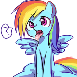 Size: 800x800 | Tagged: safe, artist:weiliy, rainbow dash, pegasus, pony, g4, drool, female, mare, open mouth, pictogram, pixiv, question mark, sitting, solo, speech bubble, tongue out