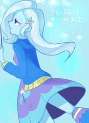 Size: 600x824 | Tagged: safe, artist:weiliy, trixie, equestria girls, g4, abstract background, barrette, beautiful, boots, breasts, clothes, cutie mark on clothes, delicious flat chest, dress, female, flatrixie, hairclip, hairpin, hoodie, japanese, pixiv, shoes, smiling, solo, standing