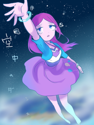 Size: 600x800 | Tagged: safe, artist:weiliy, pinkie pie, equestria girls, g4, barefoot, crying, feet, female, japanese, kanji, katakana, missing shoes, pinkamena diane pie, pixiv, reaching, solo, stars