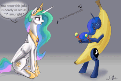 Size: 1280x853 | Tagged: safe, artist:silfoe, princess celestia, princess luna, pony, royal sketchbook, g4, animated, banana, banana costume, banana suit, bipedal, clothes, costume, eyes closed, female, food, food costume, frown, lidded eyes, maracas, music notes, musical instrument, open mouth, peanut butter jelly time, silly, silly pony, sitting, smiling, song reference, unamused