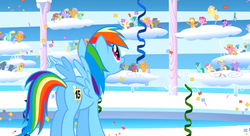 Size: 1099x597 | Tagged: safe, screencap, applejack, cloud kicker, derpy hooves, endless clouds, fluttershy, high spirits, lightning bolt, merry may, pinkie pie, rainbow dash, rainbowshine, sassaflash, spring melody, sprinkle medley, sunny moon, twilight sparkle, white lightning, pegasus, pony, g4, sonic rainboom (episode), background pony audience, butt, cloud, cloudiseum, cloudsdale, confetti, female, mare, plot, solo focus, streamers