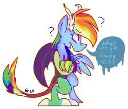 Size: 1024x876 | Tagged: safe, artist:dizzee-toaster, rainbow dash, g4, dialogue, draconequified, female, question mark, simple background, solo, species swap, transparent background