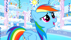 Size: 1366x768 | Tagged: safe, screencap, cloud kicker, derpy hooves, endless clouds, lightning bolt, rainbow dash, rainbowshine, rosewing, sassaflash, spring melody, sprinkle medley, sunny moon, white lightning, pegasus, pony, g4, sonic rainboom (episode), background pony audience, cloudiseum, confetti, crying, duplication, female, mare, open mouth, pumpkin tart (g4), self paradox, self ponidox, solo focus, streamers, tears of joy