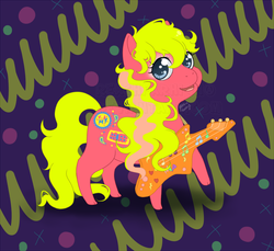 Size: 1024x937 | Tagged: safe, artist:reachfarhigh, sweet notes, earth pony, pony, g1, abstract background, cute, female, guitar, mare, solo, sweet sweet notes
