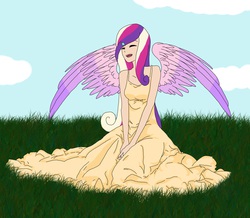 Size: 2612x2276 | Tagged: safe, artist:darkwoelfin, princess cadance, human, g4, clothes, dress, eyes closed, female, grass, high res, humanized, light skin, solo, winged humanization