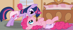 Size: 2000x834 | Tagged: safe, artist:stargrazer, pinkie pie, twilight sparkle, earth pony, pony, unicorn, g4, bedroom, boop, diaper, diaper fetish, female, lesbian, looking at each other, magic, mare, non-baby in diaper, noseboop, on back, poofy diaper, present, ship:twinkie, shipping, telekinesis, valentine's day