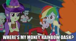 Size: 1008x550 | Tagged: safe, screencap, golden hazel, heath burns, lyra heartstrings, rainbow dash, starlight, equestria girls, g4, my little pony equestria girls: rainbow rocks, background human, hat, image macro, meme, pimp hat