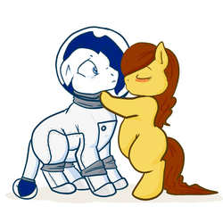 Size: 1200x1200 | Tagged: safe, artist:rhari, oc, oc only, oc:autumn, oc:starshine, earth pony, pony, astronaut, blushing, do not want, kissing, simple background, spacesuit, white background