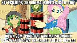 Size: 893x500 | Tagged: safe, edit, screencap, fluttershy, sandalwood, equestria girls, g4, dark comedy, dynamite, eco kid insults, image macro, meme, peta