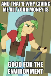 Size: 500x743 | Tagged: safe, edit, screencap, sandalwood, equestria girls, g4, my little pony equestria girls: rainbow rocks, background human, eco kid insults, image macro, knife, meme