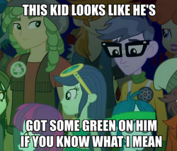 Size: 642x550 | Tagged: safe, screencap, golden hazel, micro chips, mystery mint, normal norman, sandalwood, sophisticata, valhallen, equestria girls, g4, my little pony equestria girls: rainbow rocks, background human, eco kid insults, image macro, meme