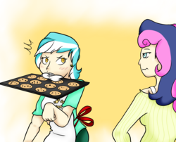 Size: 1050x850 | Tagged: artist needed, safe, bon bon, lyra heartstrings, sweetie drops, human, g4, apron, bon bon is not amused, bon bon's baking cookies girls, clothes, cookie, duo, gradient background, humanized, humans doing horse things, light skin, mouth hold