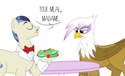 Size: 3500x2133 | Tagged: artist needed, safe, gilda, horte cuisine, savoir fare, griffon, g4, frown, gilda is not amused, glare, high res, hoof hold, salad, simple background, table, transparent background, unamused, vector, waiter