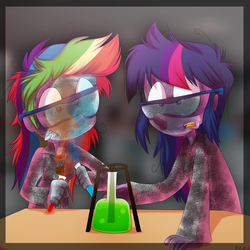 Size: 1000x1000 | Tagged: safe, artist:fj-c, rainbow dash, twilight sparkle, equestria girls, g4, clothes, lab coat, oops, safety goggles, science, test tube, twilight sparkle (alicorn)