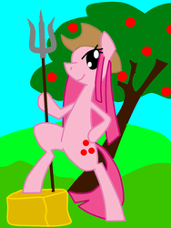 Size: 1200x1600 | Tagged: safe, artist:christomwow, pinkie pie, earth pony, pony, g4, magical mystery cure, apple, female, hat, mare, pinkamena diane pie, solo, swapped cutie marks, sweet apple acres, trident