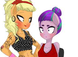 Size: 1024x748 | Tagged: safe, artist:arantzitahermoxa, applejack, aria blaze, earth pony, anthro, equestria girls, g4, alternate hairstyle, armpits, belly button, belly piercing, clothes, duo, ear piercing, earring, eyeshadow, female, helix piercing, human facial structure, jewelry, lesbian, lipstick, makeup, midriff, piercing, ship:ariajack, shipping, simple background, tank top, tattoo, white background