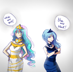 Size: 600x596 | Tagged: safe, artist:skyeypony, princess celestia, princess luna, human, g4, clothes, dress, duo, female, humanized, royal sisters, siblings, sisters, white and gold or black and blue dress meme