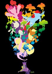 Size: 905x1280 | Tagged: safe, artist:dawnallies, applejack, fluttershy, pinkie pie, rainbow dash, rarity, spike, twilight sparkle, g4, black background, clothes, element of generosity, element of honesty, element of kindness, element of laughter, element of loyalty, element of magic, lineless, mane seven, mane six, minimalist, modern art, shirt design, simple background, t-shirt