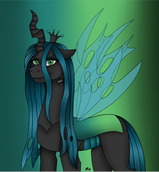 Size: 505x544 | Tagged: safe, artist:madamefurrymamma, queen chrysalis, changeling, changeling queen, g4, crown, female, green eyes, jewelry, looking at you, regalia, smiling, solo, transparent wings, wings