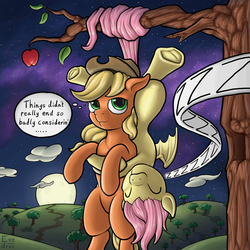 Size: 1536x1536 | Tagged: safe, artist:exedrus, applejack, fluttershy, bat pony, earth pony, pegasus, pony, g4, cute, eyes closed, flutterbat, hanging, hug, night, sleeping, smiling, snuggling, thought bubble, underhoof, upside down, zzz