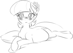 Size: 1055x777 | Tagged: safe, artist:zev, coco pommel, g4, belly, blushing, coco preggo, female, grayscale, looking at you, monochrome, pregnant, prone, solo