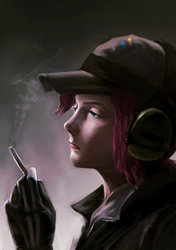 Size: 1600x2270 | Tagged: safe, artist:tiger-type, pinkie pie, human, g4, cigarette, clothes, engineer, female, humanized, military, smoking, solo, uniform