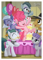 Size: 1021x1417 | Tagged: safe, artist:mysticalpha, cloudy quartz, igneous rock pie, limestone pie, marble pie, maud pie, pinkie pie, earth pony, pony, g4, pinkie pride, balloon, cake, eyes closed, female, filly, male, mare, open mouth, pie family, pie sisters, ship:quartzrock, siblings, sisters, stallion, table, younger