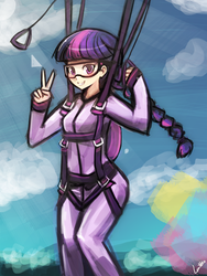 Size: 720x960 | Tagged: safe, artist:lumineko, twilight sparkle, human, g4, air ponyville, braid, clothes, flying, goggles, grin, humanized, jumpsuit, looking at you, parachute, peace sign, skydiving, smiling, solo