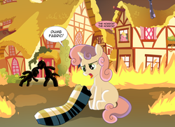 Size: 1800x1300 | Tagged: safe, artist:edowaado, lily, lily valley, sweetie belle, pony, unicorn, g4, clothes, dress, dumb fabric, female, filly, fire, foal, horn, meme, pyro belle, the horror, white and gold or black and blue dress meme