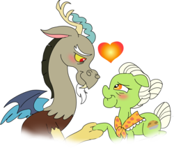 Size: 1459x1257 | Tagged: safe, artist:purfectprincessgirl, discord, granny smith, draconequus, earth pony, pony, g4, crack shipping, discosmith, female, grannycord, male, mare, shipping, simple background, straight, transparent background