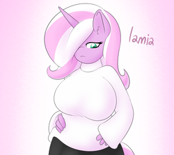 Size: 1000x890 | Tagged: safe, artist:lamia, oc, oc only, oc:lamia, unicorn, anthro, big breasts, breasts, clothes, female, huge breasts, solo, sweater