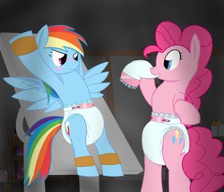 Size: 1280x1097 | Tagged: safe, artist:ricktin, pinkie pie, rainbow dash, earth pony, pegasus, pony, g4, angry eyes, baby bottle, baby wipes, basement, bipedal, blushing, bondage, captured, diaper, diaper bondage, diaper fetish, diapered, female, indoors, mare, metal, non-baby in diaper, operating table, playful, poofy diaper, restrained, room, spread wings, super crinkle pony adventure 64, table, torture chamber, white diaper, wings