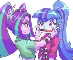 Size: 589x491 | Tagged: safe, artist:jirousan, aria blaze, sonata dusk, equestria girls, g4, blushing, cheek pinch, clothes, cute, duo, female, open mouth, shirt, simple background, stretchy, white background