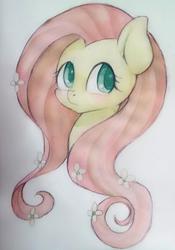 Size: 716x1024 | Tagged: safe, artist:ayahana, fluttershy, g4, blushing, female, flower in hair, looking at you, portrait, solo, traditional art