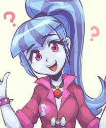 Size: 500x600 | Tagged: safe, artist:jirousan, sonata dusk, equestria girls, g4, clothes, cute, female, head tilt, high ponytail, jewelry, long hair, necklace, ponytail, question mark, simple background, smiling, solo, sonatabetes
