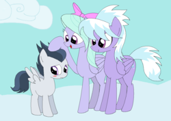 Size: 1200x851 | Tagged: safe, artist:hyolark, cloudchaser, flitter, rumble, pegasus, pony, g4, blushing, cloud, colt, female, foal, head pat, head rub, looking away, male, mare, noogie, open mouth, pat, sky