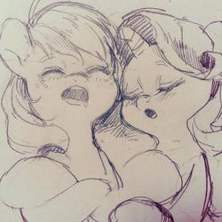 Size: 1024x1024 | Tagged: safe, artist:hotomura, applejack, rarity, pony, g4, cuddling, duo, female, grayscale, lesbian, monochrome, ship:rarijack, shipping, sketch, sleeping, snuggling