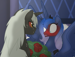 Size: 1087x824 | Tagged: safe, artist:faith-wolff, princess luna, alicorn, kaiju pony, pony, unicorn, fanfic:the bridge, g4, blushing, blushing profusely, colored sclera, crooked horn, duo, female, godzilla (series), godzilla junior, horn, lunazilla, male, mare, ponified, red sclera, rose, stallion, story included, wingboner