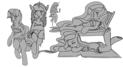 Size: 4098x2234 | Tagged: safe, artist:saddnesspony, princess cadance, princess celestia, princess luna, queen chrysalis, twilight sparkle, alicorn, changeling, pony, semi-anthro, g4, alicorn tetrarchy, arm hooves, beach chair, beach towel, bipedal, chair, clothes, lying down, milkshake, monochrome, swimsuit, twilight sparkle (alicorn)