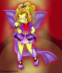 Size: 1024x1195 | Tagged: safe, artist:queentigrel, adagio dazzle, siren, equestria girls, g4, fangs, fin wings, gem, looking at you, ponied up, solo, tail, transformation