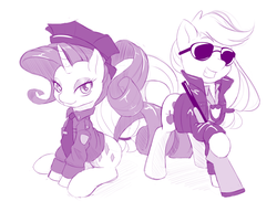 Size: 1169x900 | Tagged: safe, artist:dstears, applejack, rarity, g4, monochrome, police, sunglasses