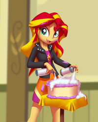 Size: 900x1125 | Tagged: safe, artist:moonlitbrush, edit, sunset shimmer, equestria girls, g4, cake, female, solo, whipped cream