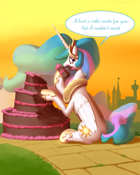 Size: 1600x2000 | Tagged: safe, artist:moonlitbrush, princess celestia, alicorn, pony, g4, but i eated it, cake, cakelestia, cute, cutelestia, dialogue, eating, female, frown, guilty, looking at you, looking back, mare, messy eating, open mouth, sad, sitting, solo, speech bubble